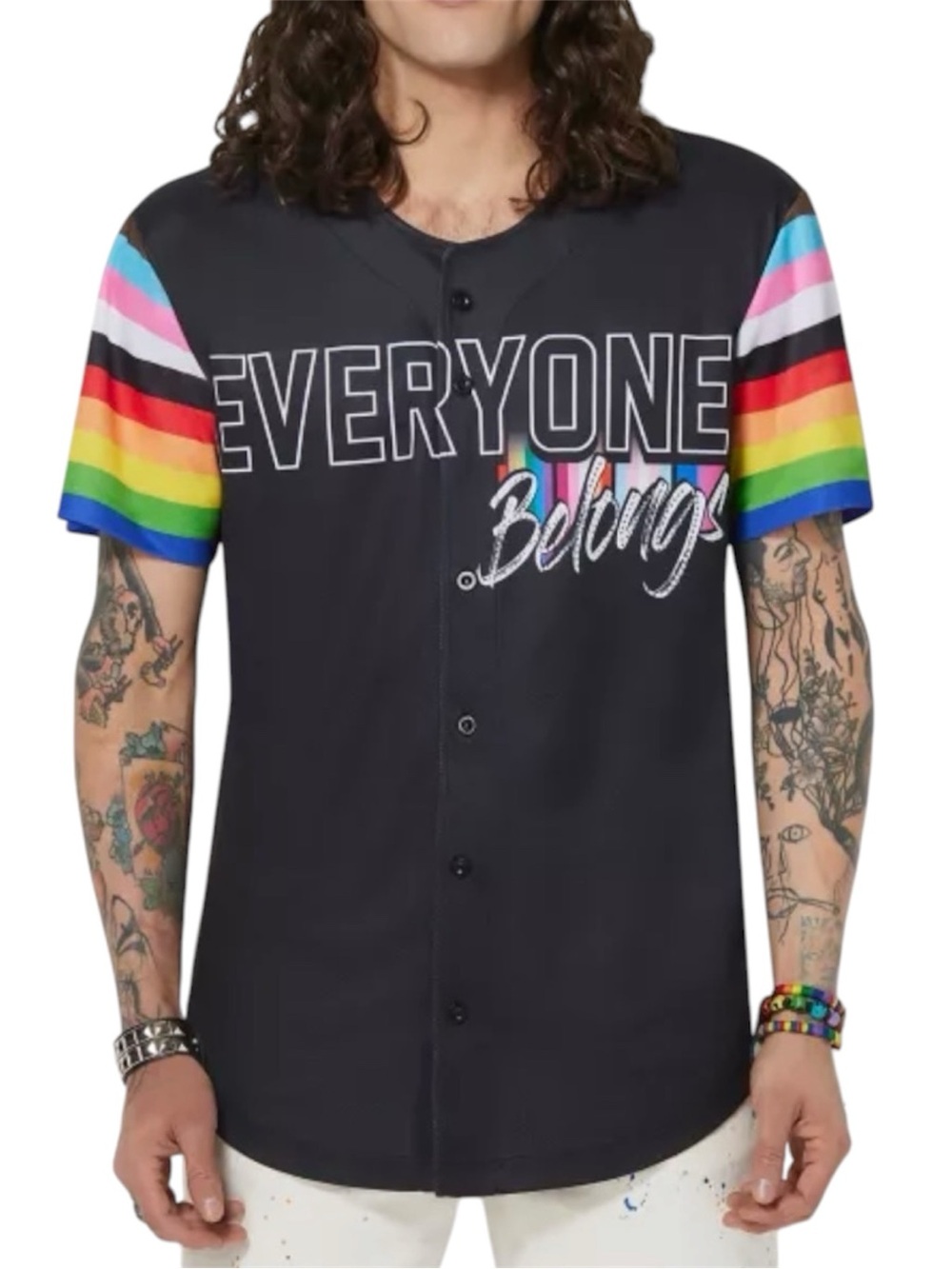 Pride "Everyone Belongs" Bling Rainbow Print Baseball Jersey - Size Medium - NWT - Picture 3 of 8